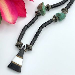 Vintage Turquoise Heishi Bead Shell Ceremonial Stone Necklace Santo Domingo